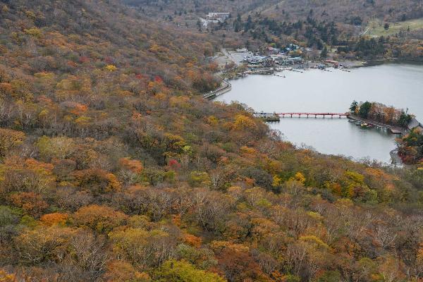 紅葉した山と赤城大沼